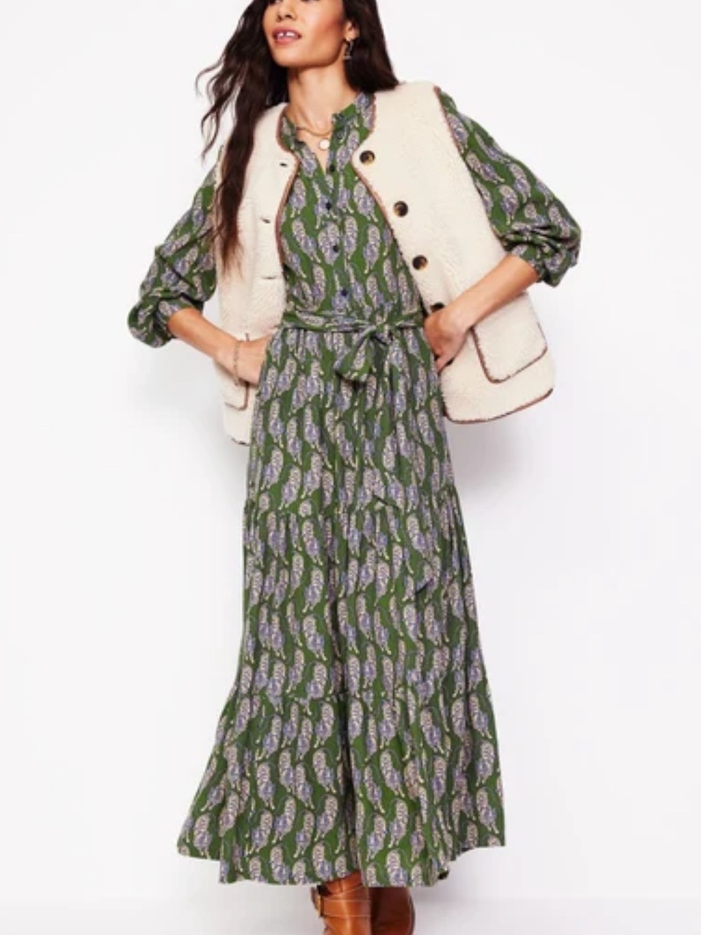 Boden Alba Viscose maxi dress animal print green long sleeve ladies 14 NWT